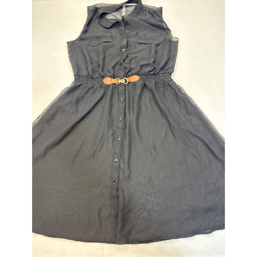 RNB Black Sheer Sleeveless Button Down Shirt Dress Elastic Waist Buckle Detail L